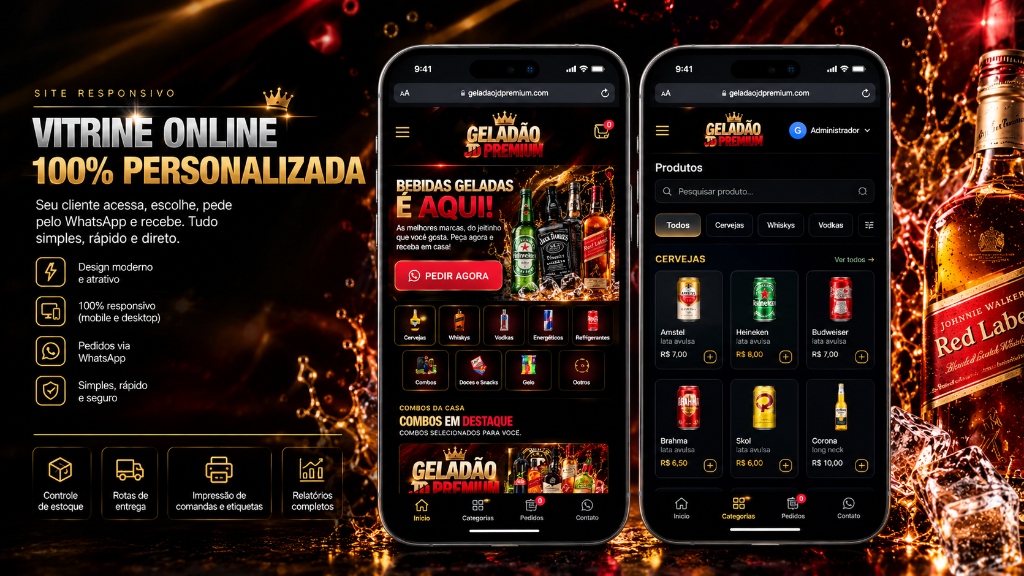 Demonstração do site Geladão JD Premium com destilados premium e controle de estoque
