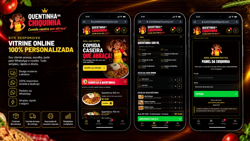 Demonstração do site Quentinha da Chiquinha com montagem de marmitas e área administrativa