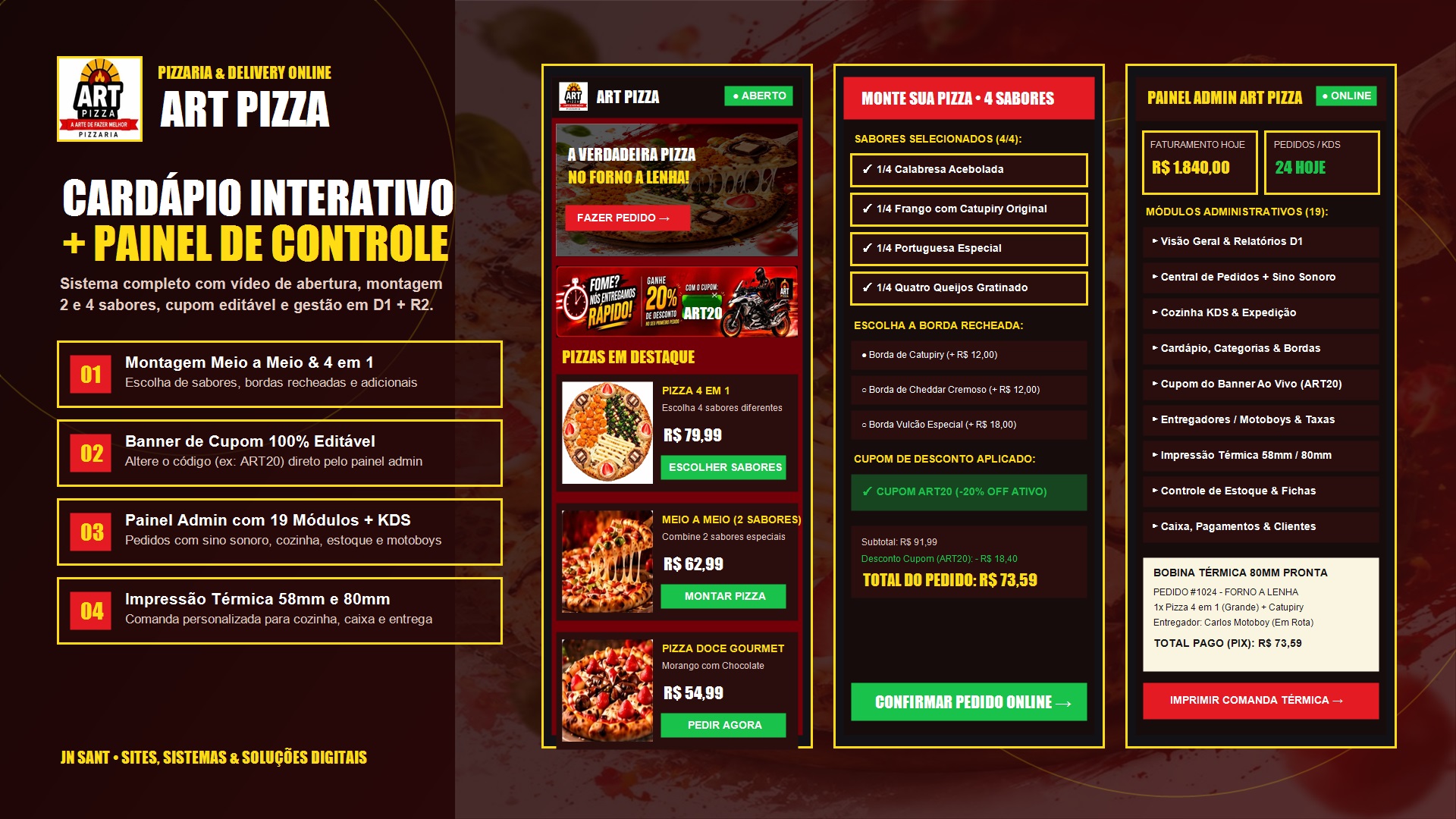 Demonstração do site ART PIZZA com cardápio interativo de pizzas e painel administrativo completo