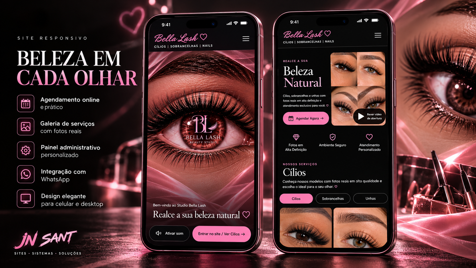 Demonstração do site Bella Lash com agendamento online e catálogo de serviços de cílios