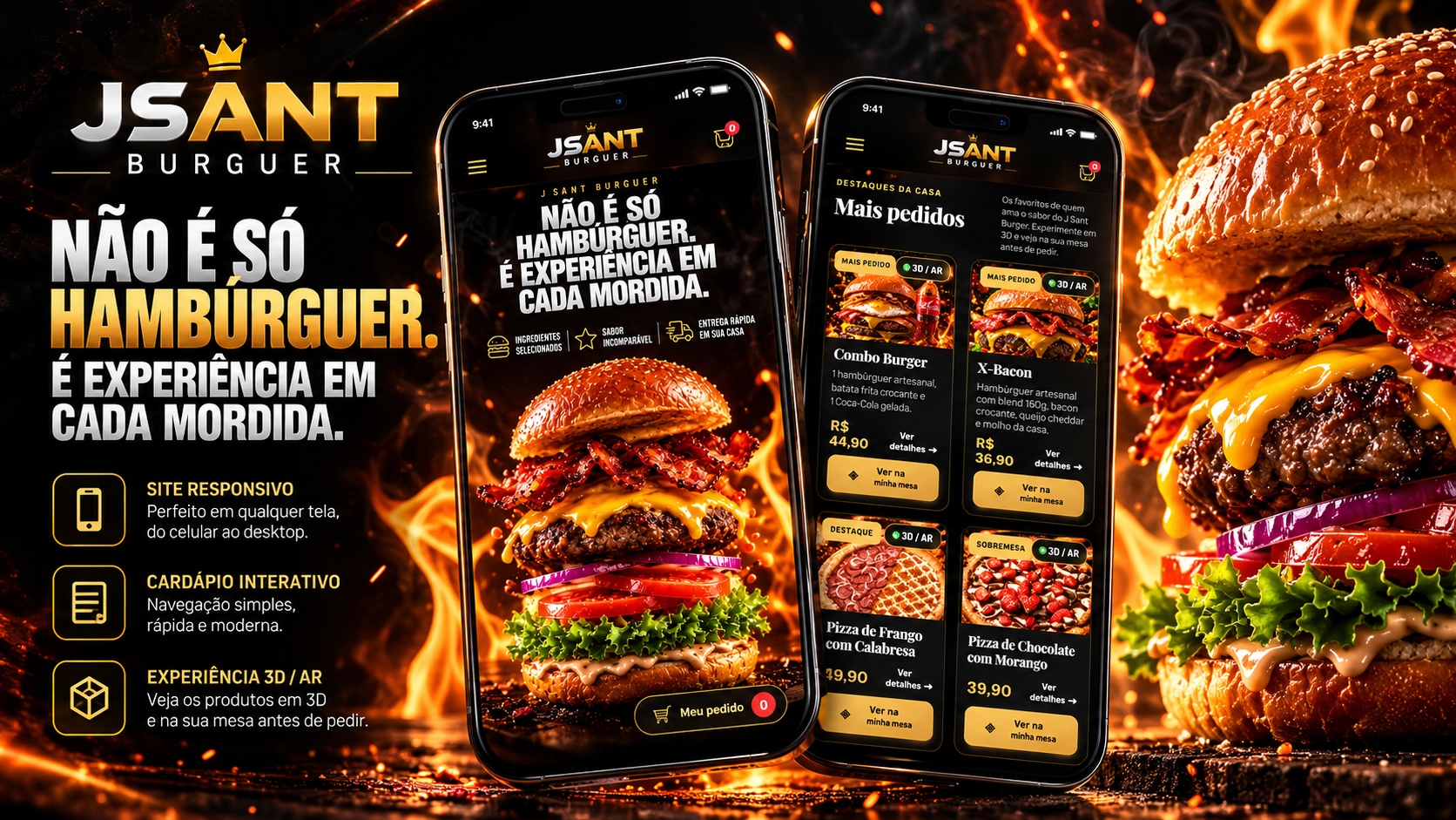 Demonstração do site J SANT BURGUER com cardápio interativo e visualização 3D