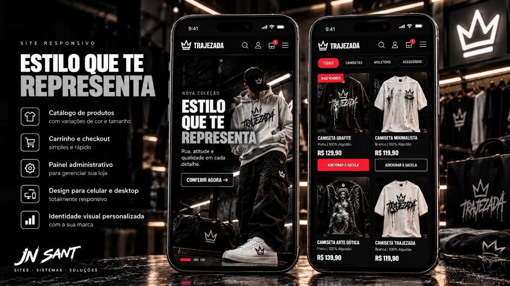 Demonstração da loja virtual TRAJEZADA Streetwear com catálogo e carrinho
